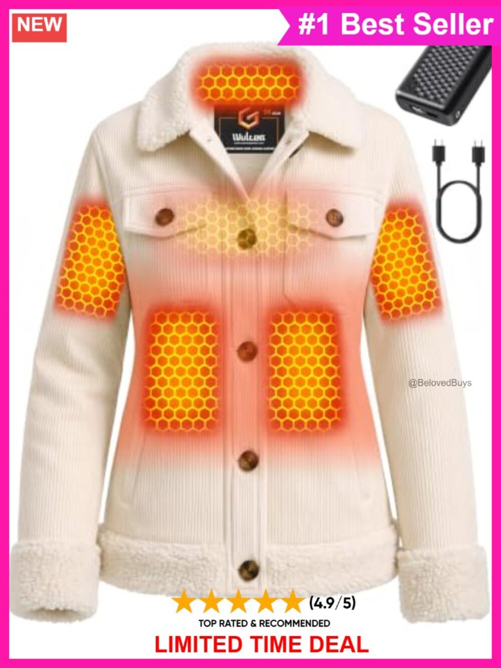 Graphene Heated Corduroy Jacket Sherpa Fleece Lined 12V Fast Charge Women Coat